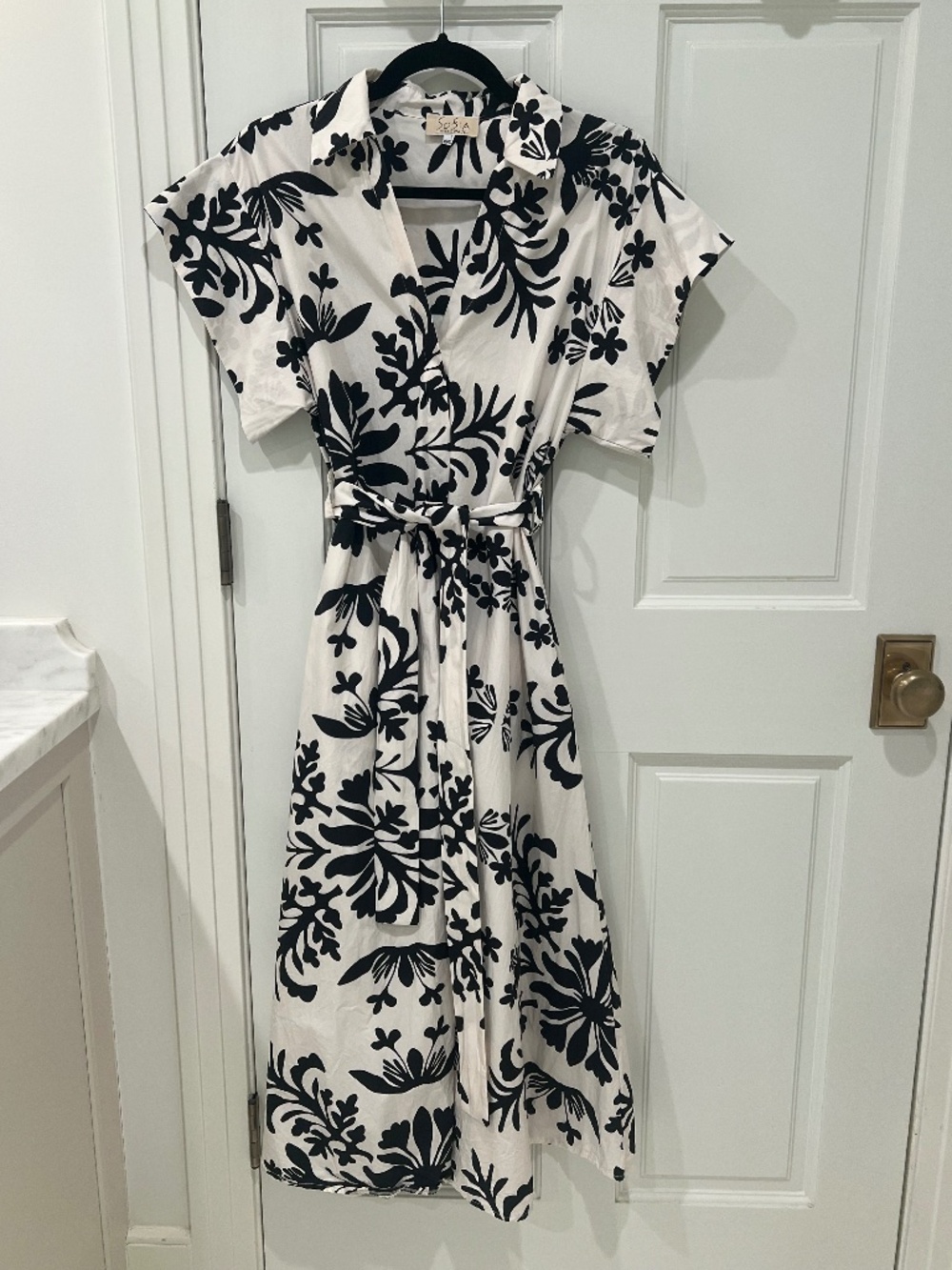 SOFIA Lennon Cotton Midi Poplin Dress Black and White, Sz S/ XS